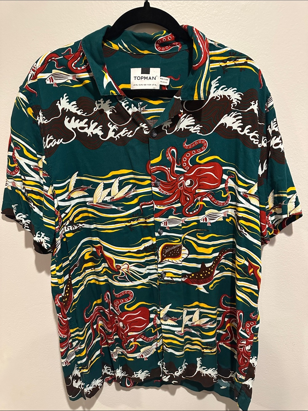 Topman Teal Short-Sleeve Octopus & Wave Print Button-Down Shirt